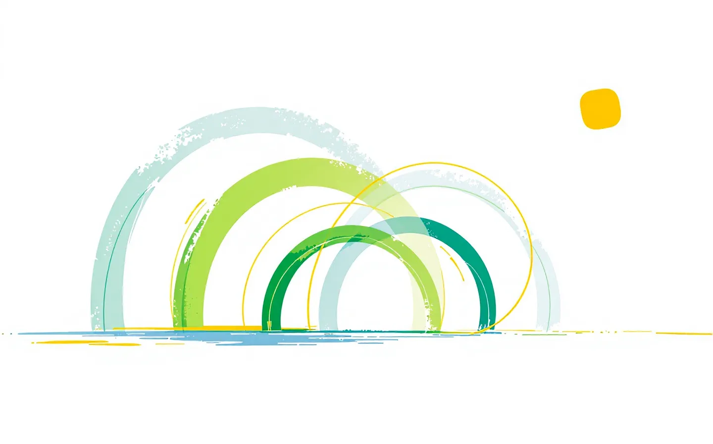 Flat-vector sequence of five decreasing verde Niemeyer arcs traced by a canarinho-amarelo curve on tropical-white, evoking half-life decay