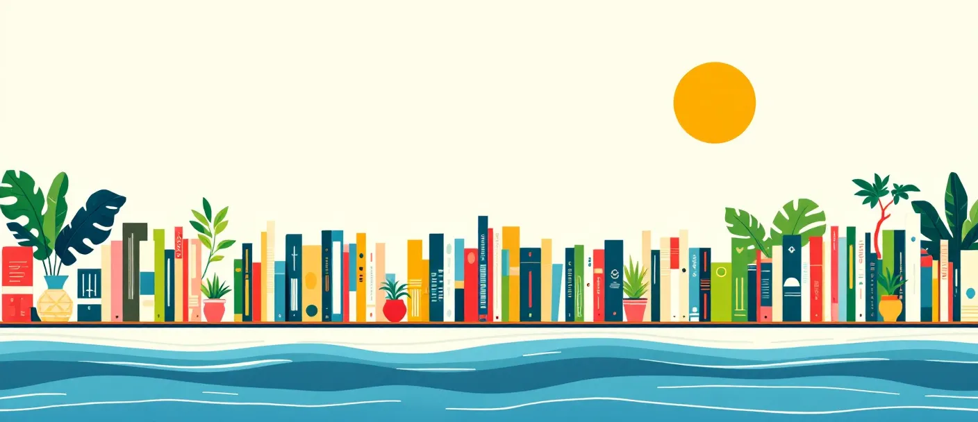 Flat-vector welcoming bookshelf of twenty rounded color spines in verde, azul, and amarelo beneath a cobalt-azul shoreline curve on tropical-white