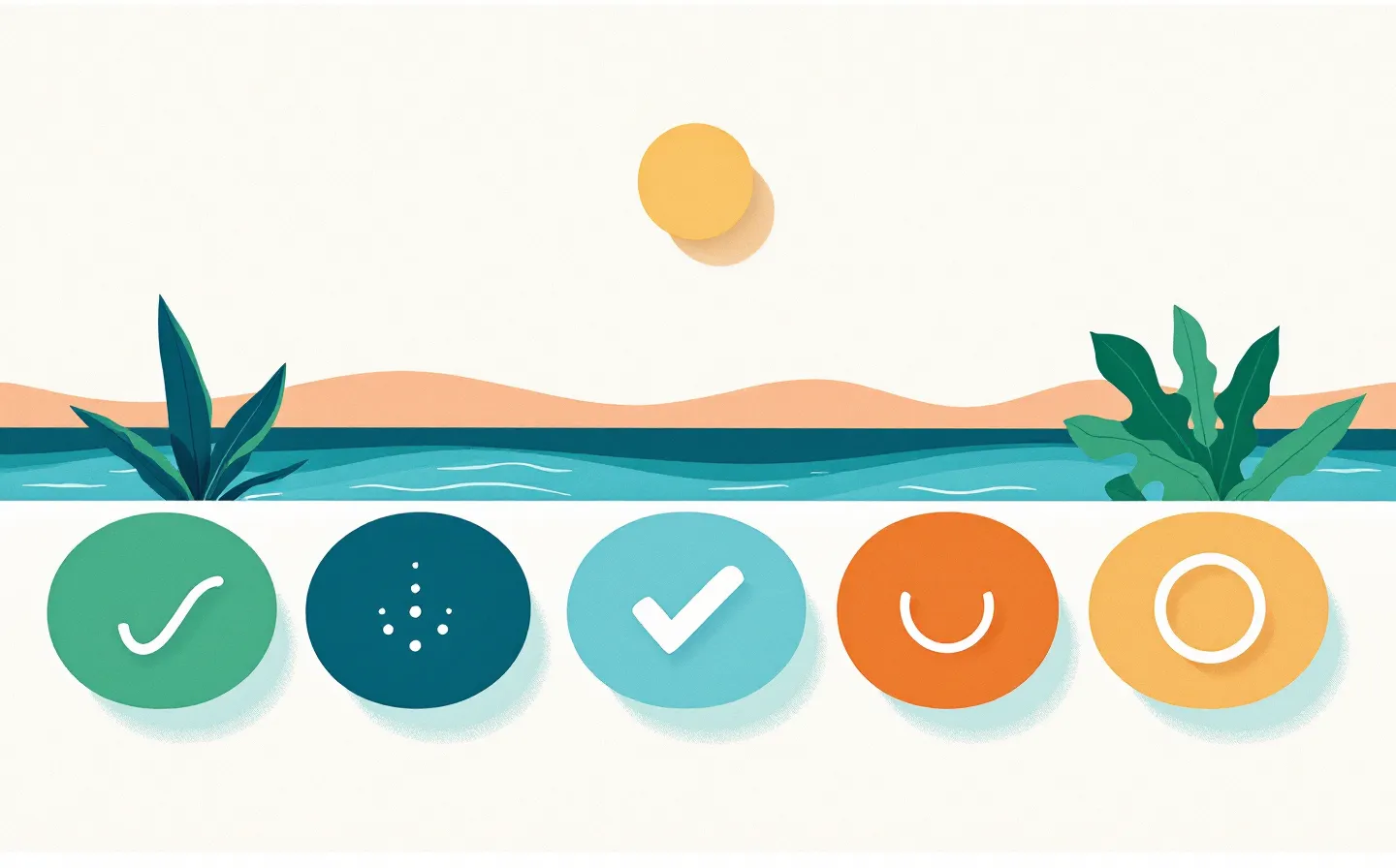 Flat-vector row of six soft superellipse tiles — four verde documented-observation tiles and two terracotta open-question tiles — beneath a cobalt-azul shoreline curve on tropical-white