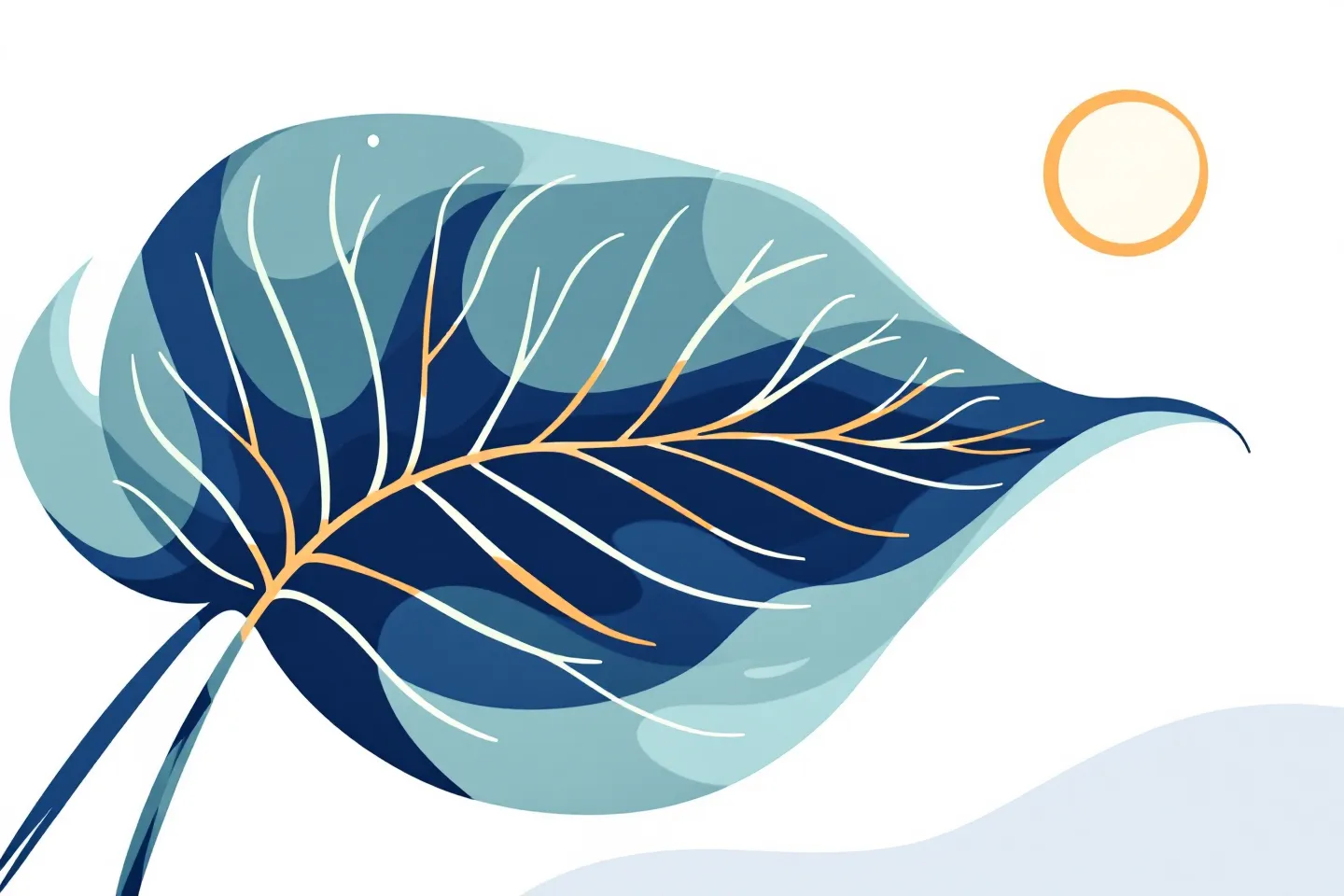 Flat-vector tropical-verde leaf with cobalt-azul branching veination and canarinho-amarelo buds on tropical-white, evoking tissue repair