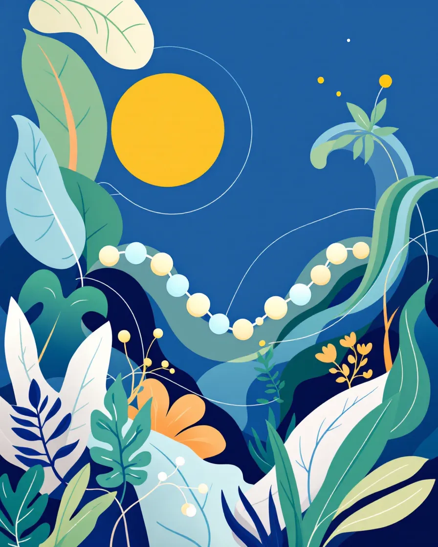 Flat-vector tropical-modernist illustration of an organic seven-node peptide chain among soft verde leaf-arcs with a canarinho-amarelo sun on a cobalt-azul ground